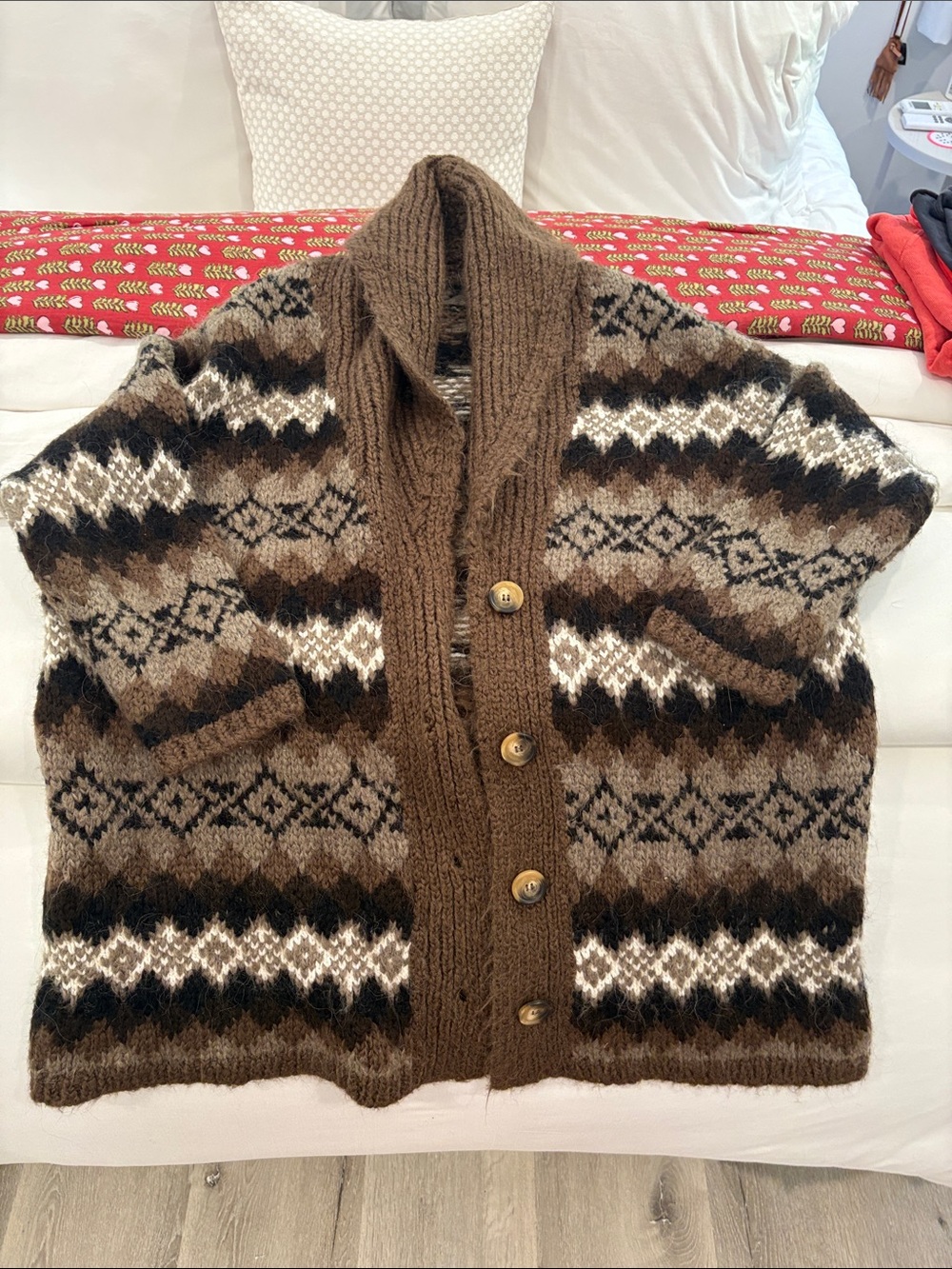 Women's Oversized Brown Patterned Button-Front Sweater